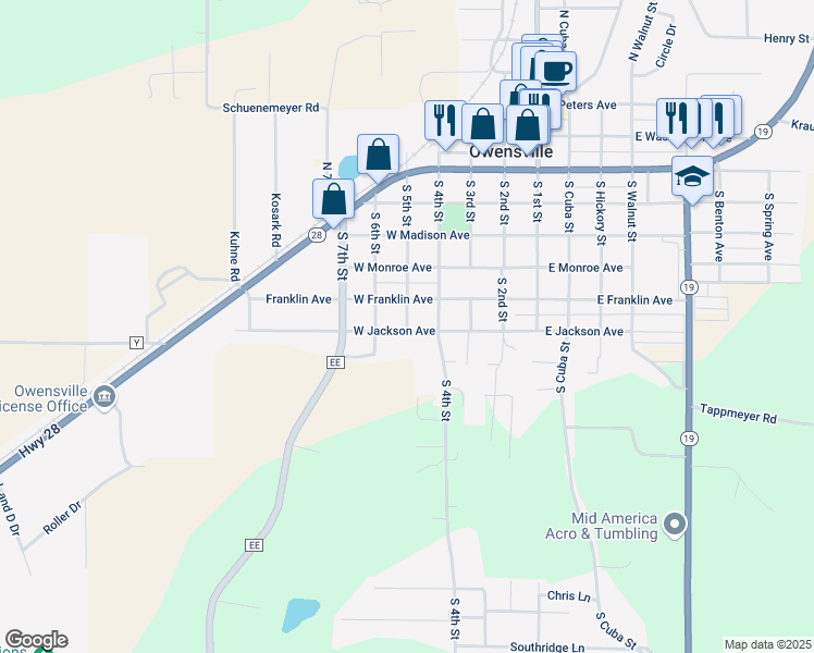 map of restaurants, bars, coffee shops, grocery stores, and more near 501 West Jackson Avenue in Owensville