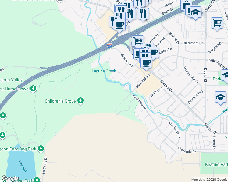map of restaurants, bars, coffee shops, grocery stores, and more near 390 Marshall Road in Vacaville