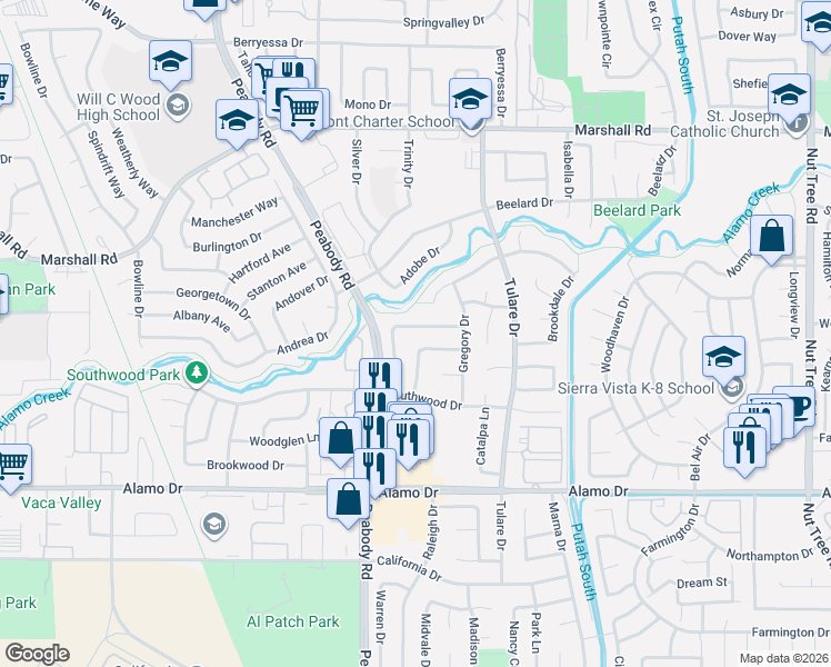 map of restaurants, bars, coffee shops, grocery stores, and more near 532 Greenwood Drive in Vacaville