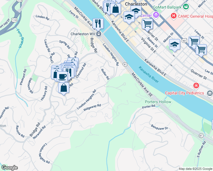 map of restaurants, bars, coffee shops, grocery stores, and more near 1201-1209 Bougemont Road in Charleston