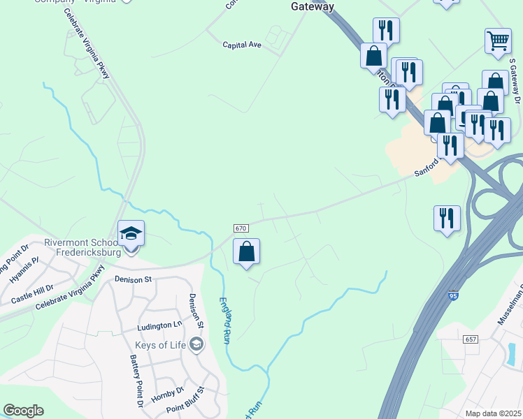 map of restaurants, bars, coffee shops, grocery stores, and more near 1205 Paul Lane in Fredericksburg