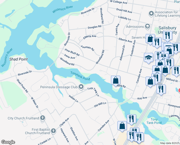 map of restaurants, bars, coffee shops, grocery stores, and more near 1507 Woodland Road in Salisbury