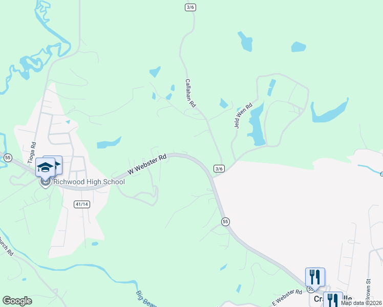 map of restaurants, bars, coffee shops, grocery stores, and more near 17150 West Webster Road in Craigsville