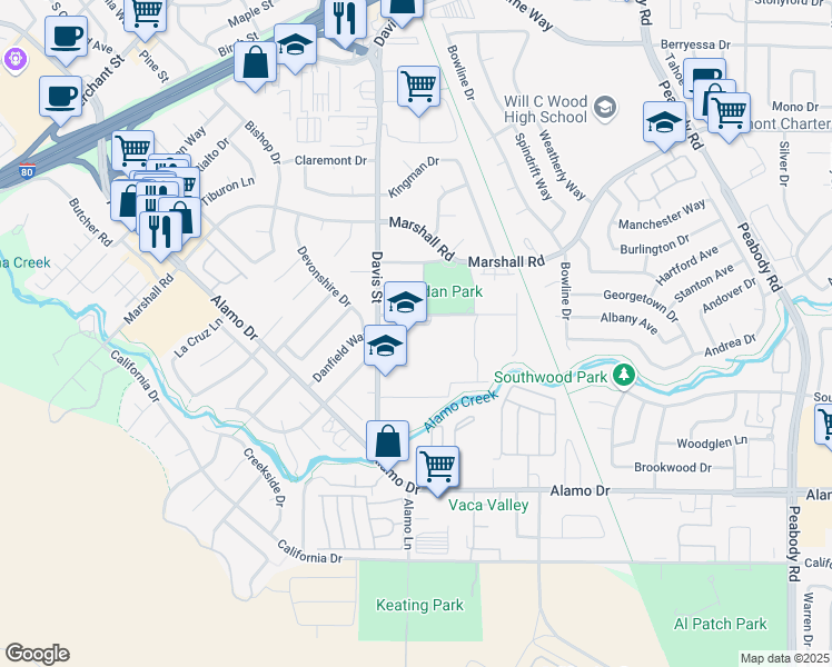 map of restaurants, bars, coffee shops, grocery stores, and more near 200 Padan School Road in Vacaville