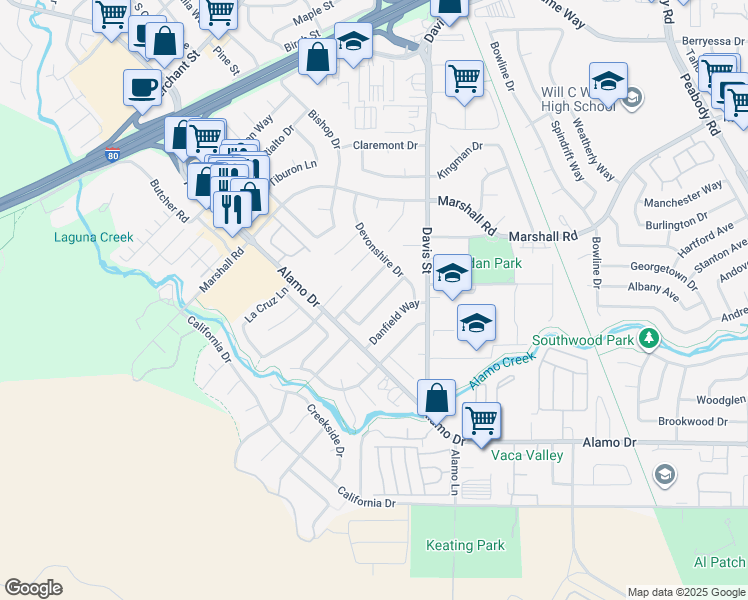 map of restaurants, bars, coffee shops, grocery stores, and more near 1243 Balsam Way in Vacaville