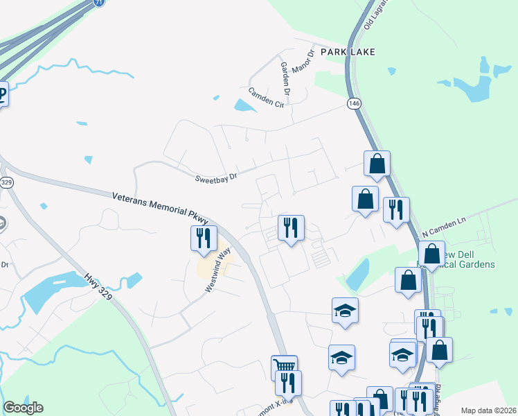 map of restaurants, bars, coffee shops, grocery stores, and more near 6500 Matalin Place in Crestwood