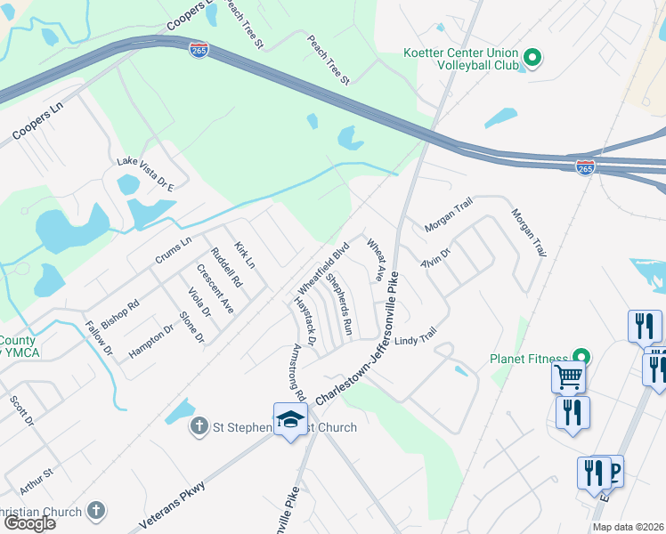 map of restaurants, bars, coffee shops, grocery stores, and more near 3161 Wheatfield Boulevard in Jeffersonville