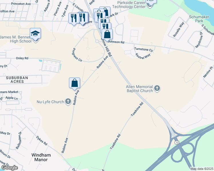 map of restaurants, bars, coffee shops, grocery stores, and more near 1005 Marley Manor Drive in Salisbury