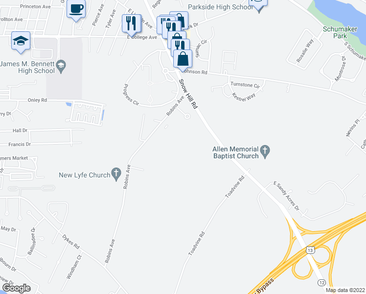 map of restaurants, bars, coffee shops, grocery stores, and more near 1008 Marley Manor Drive in Salisbury