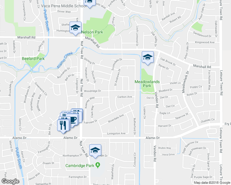 map of restaurants, bars, coffee shops, grocery stores, and more near 140 Carlton Avenue in Vacaville