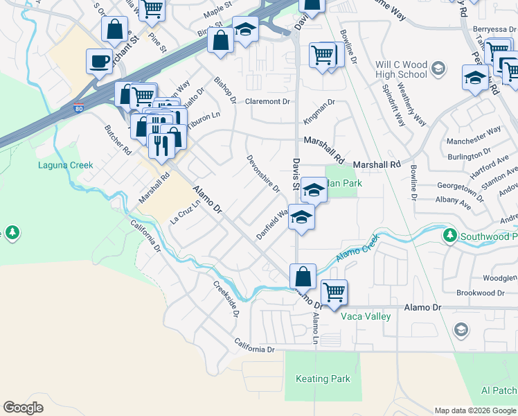 map of restaurants, bars, coffee shops, grocery stores, and more near 1243 Balsam Way in Vacaville