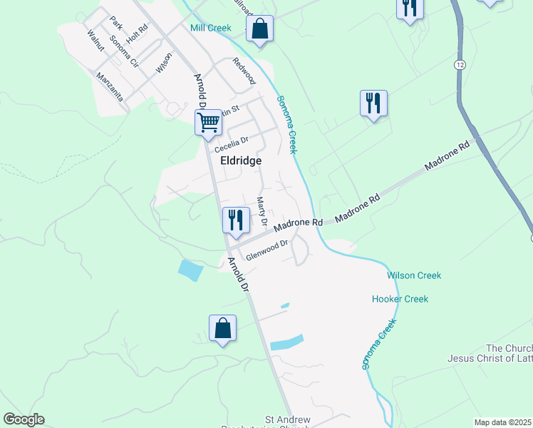 map of restaurants, bars, coffee shops, grocery stores, and more near 15444 Marty Drive in Glen Ellen