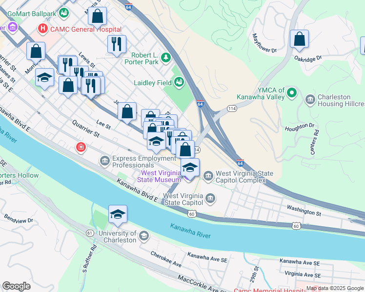map of restaurants, bars, coffee shops, grocery stores, and more near 1626 Washington Street East in Charleston