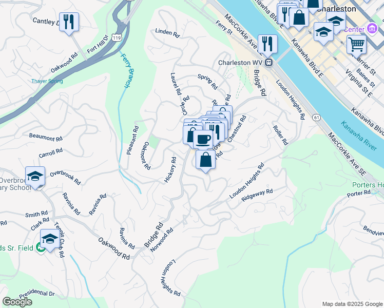 map of restaurants, bars, coffee shops, grocery stores, and more near 1050 Bridge Road in Charleston
