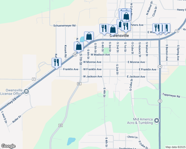 map of restaurants, bars, coffee shops, grocery stores, and more near 501 West Jackson Avenue in Owensville