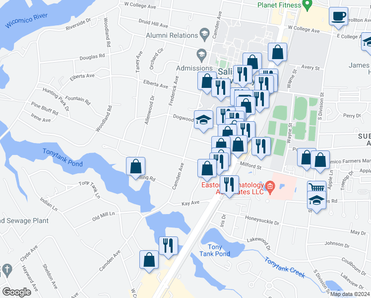 map of restaurants, bars, coffee shops, grocery stores, and more near 1416 Camden Avenue in Salisbury