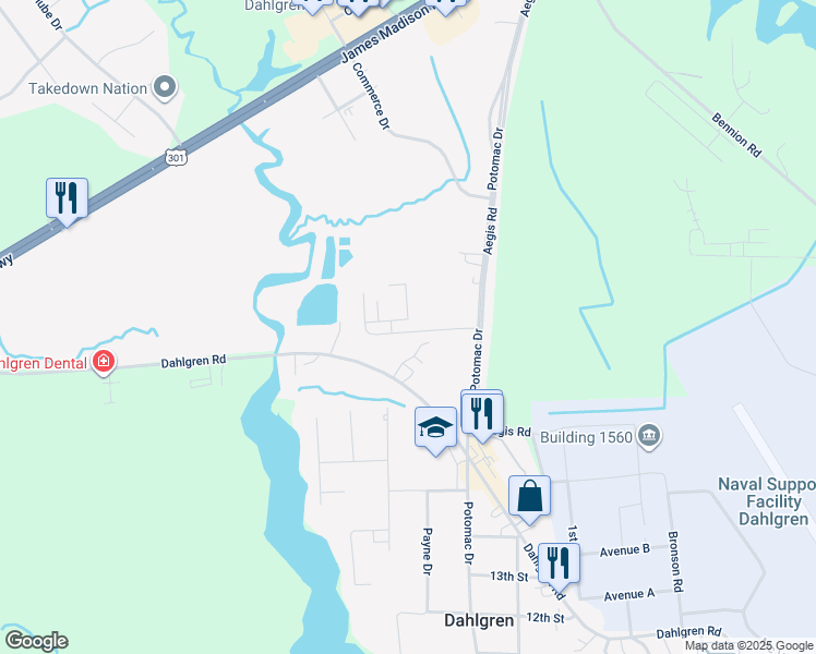 map of restaurants, bars, coffee shops, grocery stores, and more near 5147 Mallards Landing Drive in King George