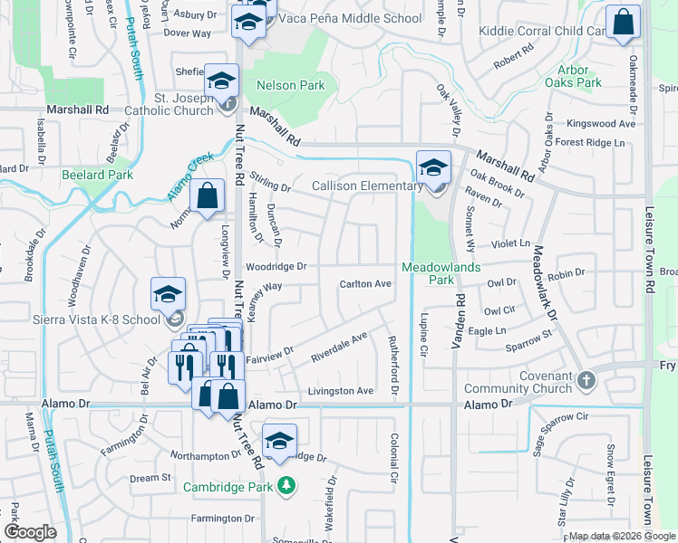 map of restaurants, bars, coffee shops, grocery stores, and more near 140 Carlton Avenue in Vacaville