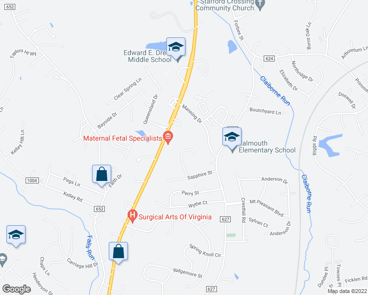 map of restaurants, bars, coffee shops, grocery stores, and more near 33 Garnet Way in Fredericksburg