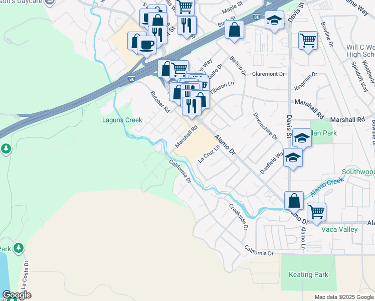 map of restaurants, bars, coffee shops, grocery stores, and more near 1100 Alamo Drive in Vacaville