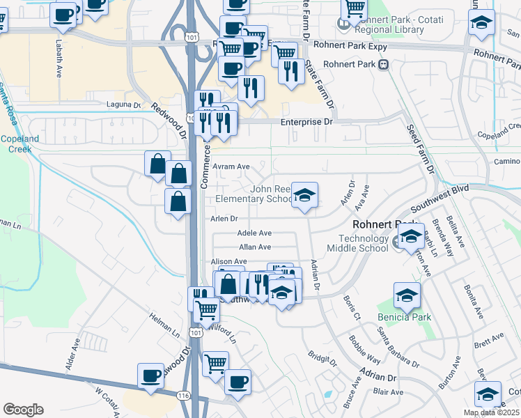 map of restaurants, bars, coffee shops, grocery stores, and more near 224 Arlen Drive in Rohnert Park