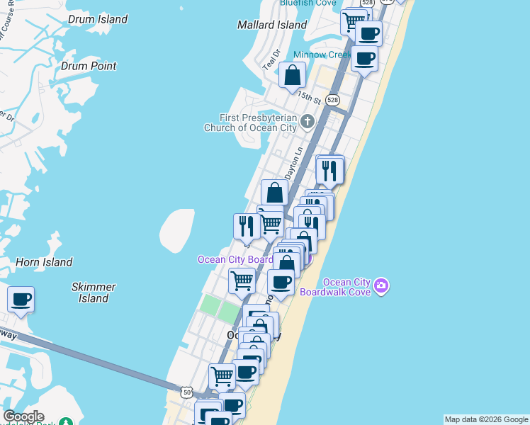 map of restaurants, bars, coffee shops, grocery stores, and more near 808 Saint Louis Avenue in Ocean City