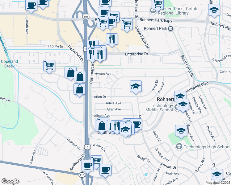 map of restaurants, bars, coffee shops, grocery stores, and more near 950 Santa Alicia Drive in Rohnert Park