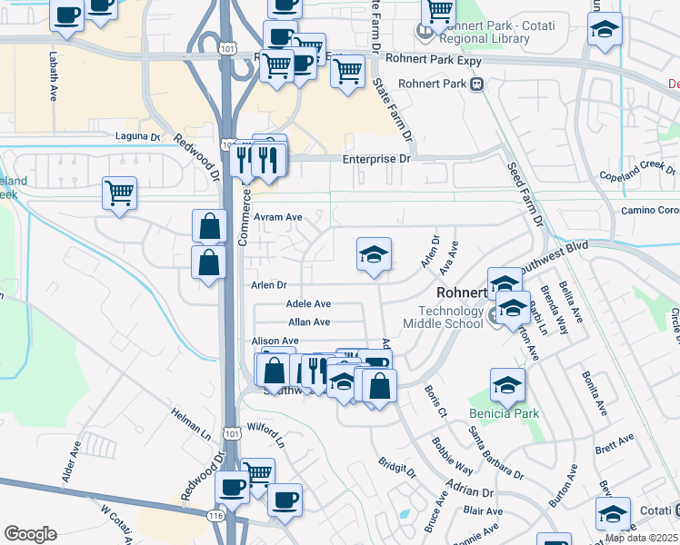 map of restaurants, bars, coffee shops, grocery stores, and more near 300 Arlen Drive in Rohnert Park