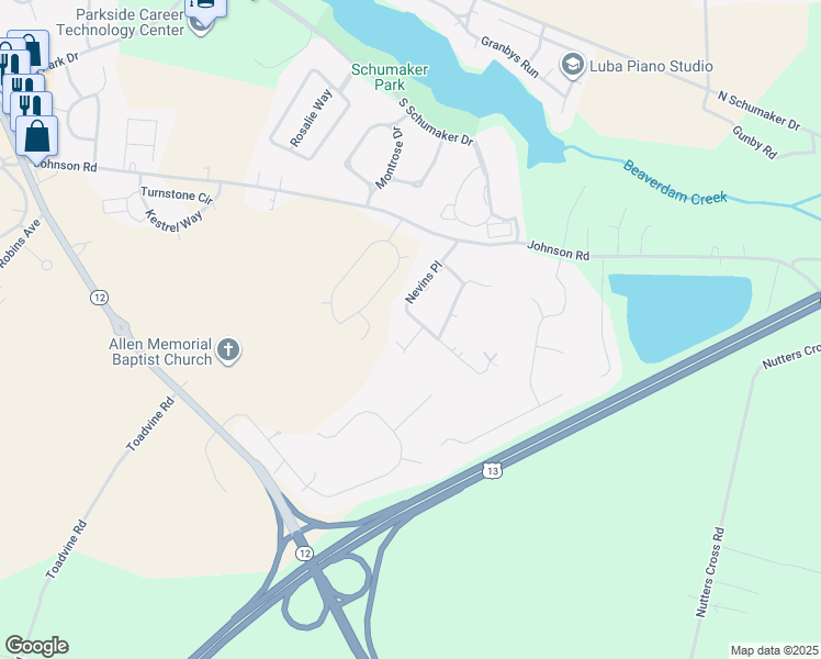 map of restaurants, bars, coffee shops, grocery stores, and more near 1124 Nevins Place in Salisbury