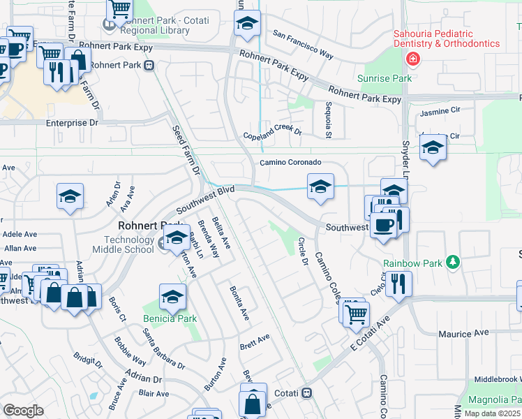 map of restaurants, bars, coffee shops, grocery stores, and more near 7214 Circle Drive in Rohnert Park