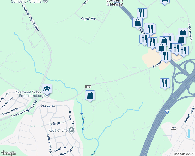 map of restaurants, bars, coffee shops, grocery stores, and more near 1205 Paul Lane in Fredericksburg