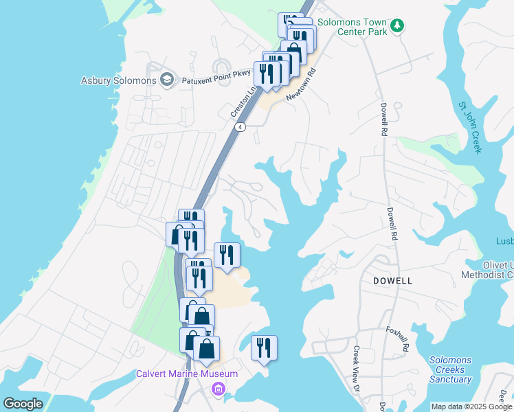 map of restaurants, bars, coffee shops, grocery stores, and more near 1022 Leeward Way in Solomons