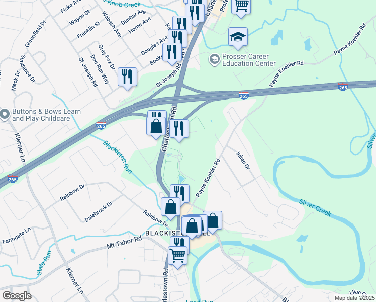 map of restaurants, bars, coffee shops, grocery stores, and more near 4101 Technology Avenue in New Albany