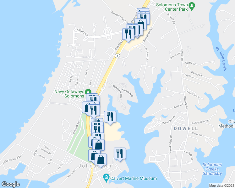 map of restaurants, bars, coffee shops, grocery stores, and more near 278 Driftwood Lane in Solomons