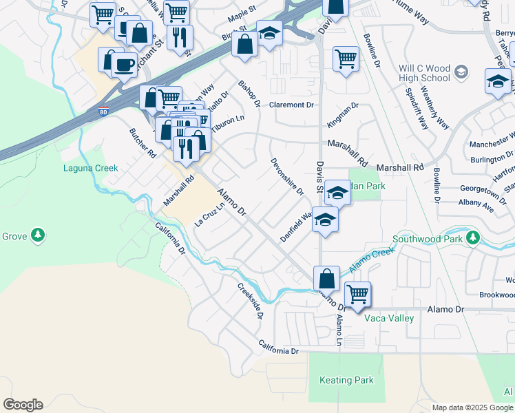 map of restaurants, bars, coffee shops, grocery stores, and more near 1279 Alamo Drive in Vacaville