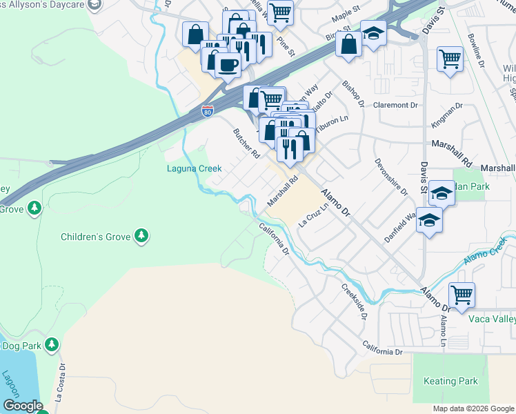 map of restaurants, bars, coffee shops, grocery stores, and more near 410 Marshall Road in Vacaville