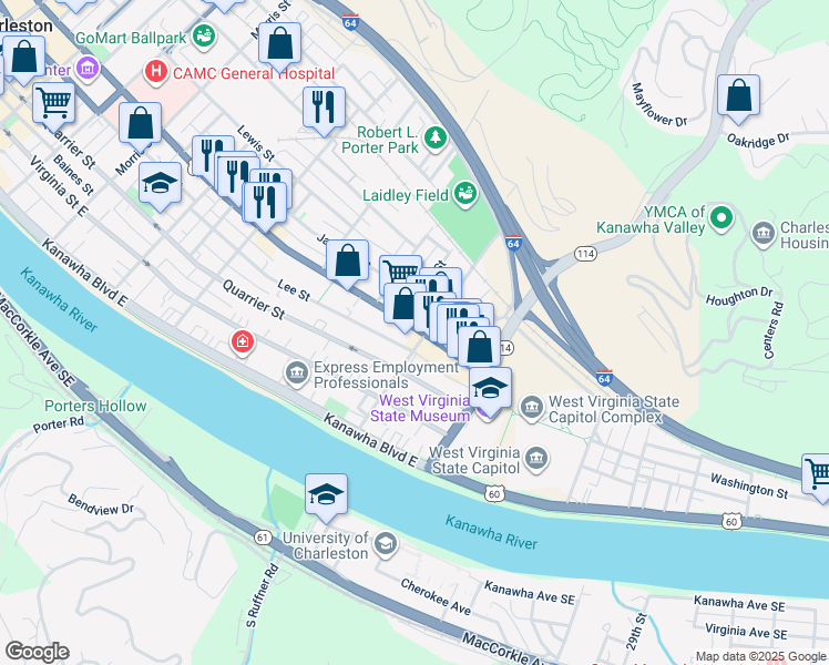 map of restaurants, bars, coffee shops, grocery stores, and more near 306 Elizabeth Street in Charleston