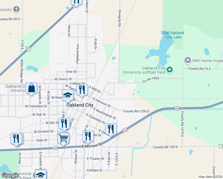 map of restaurants, bars, coffee shops, grocery stores, and more near 300-398 East Mill Street in Oakland City