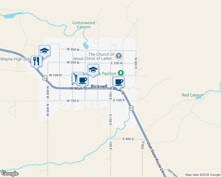 map of restaurants, bars, coffee shops, grocery stores, and more near 54 South 100 East in Bicknell
