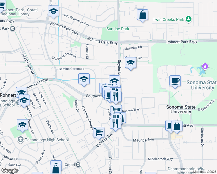 map of restaurants, bars, coffee shops, grocery stores, and more near 1241 Camino Corto in Rohnert Park