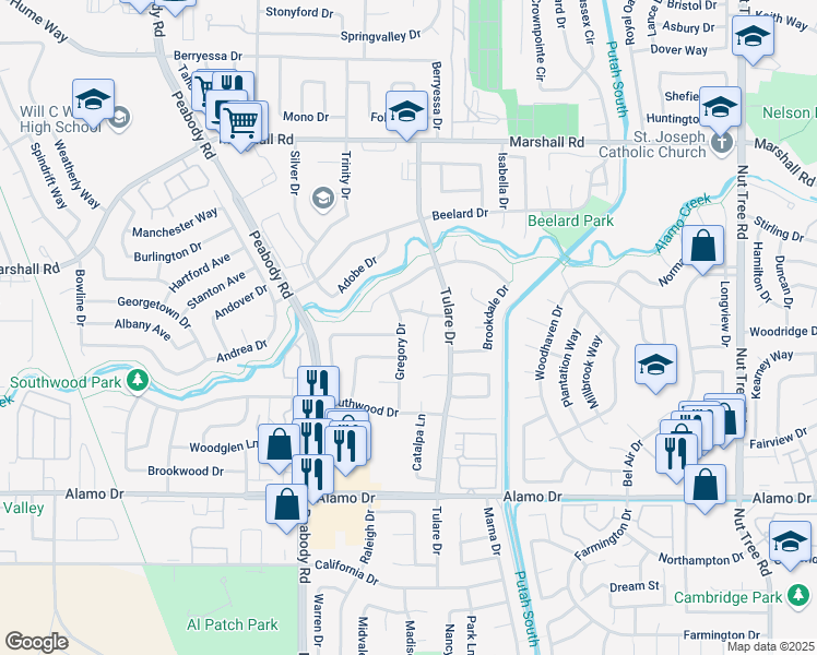map of restaurants, bars, coffee shops, grocery stores, and more near 544 Gregory Drive in Vacaville