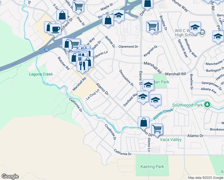 map of restaurants, bars, coffee shops, grocery stores, and more near 1211 Alderwood Way in Vacaville
