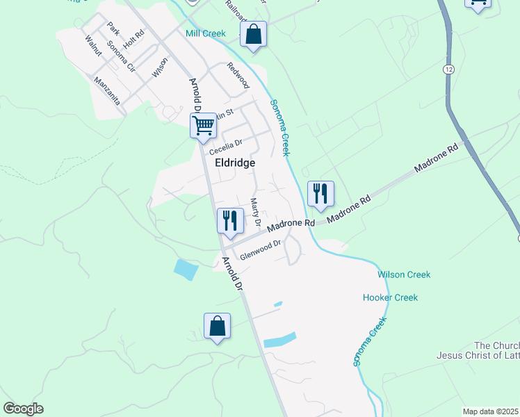 map of restaurants, bars, coffee shops, grocery stores, and more near 15444 Marty Drive in Glen Ellen