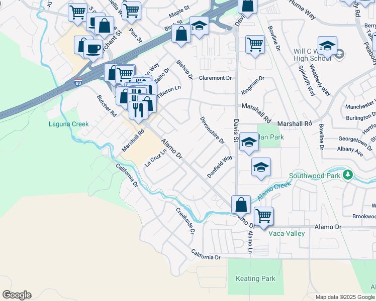 map of restaurants, bars, coffee shops, grocery stores, and more near 1273 Alamo Drive in Vacaville
