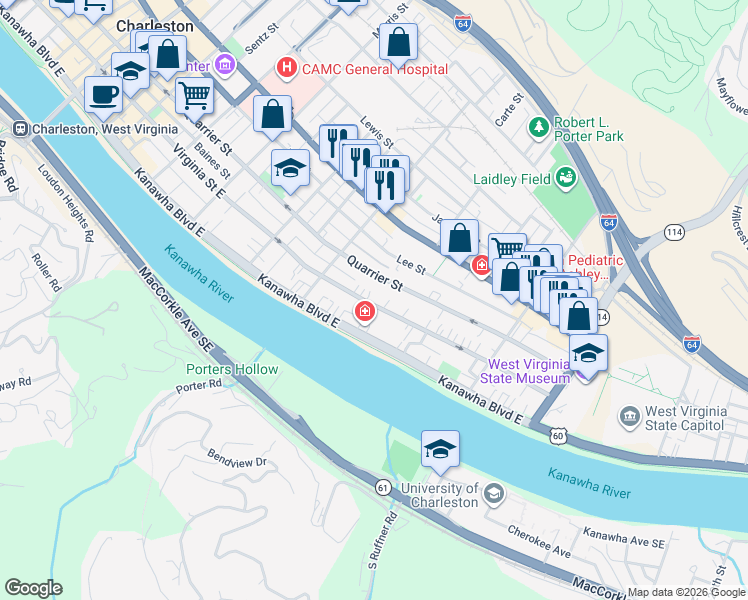 map of restaurants, bars, coffee shops, grocery stores, and more near in Charleston