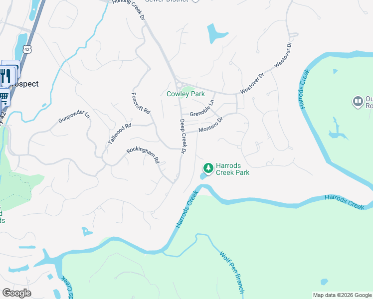 map of restaurants, bars, coffee shops, grocery stores, and more near 6410 Deep Creek Drive in Prospect