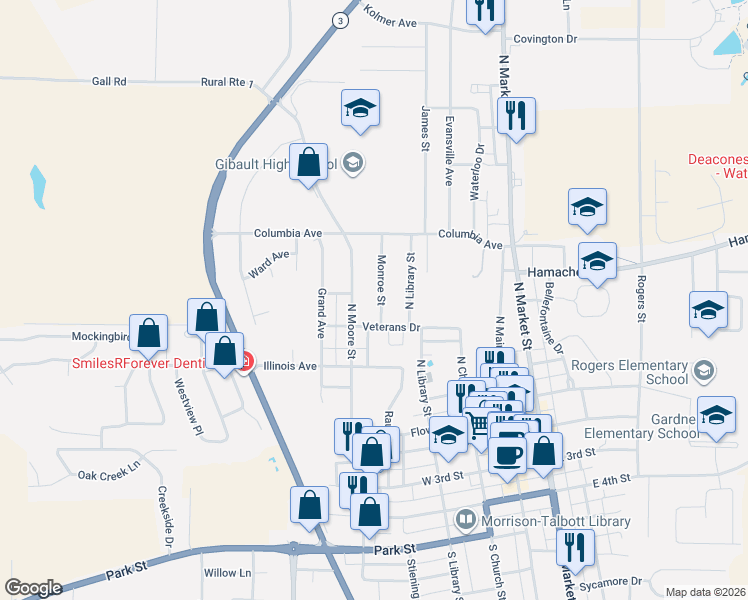 map of restaurants, bars, coffee shops, grocery stores, and more near 401 Monroe Street in Waterloo