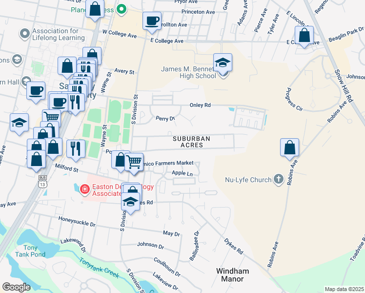 map of restaurants, bars, coffee shops, grocery stores, and more near 125 Francis Drive in Salisbury