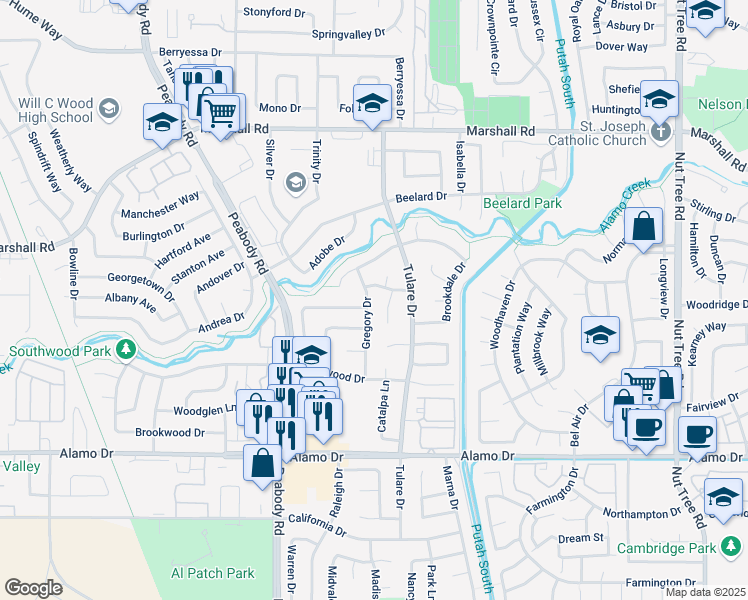 map of restaurants, bars, coffee shops, grocery stores, and more near 544 Gregory Drive in Vacaville