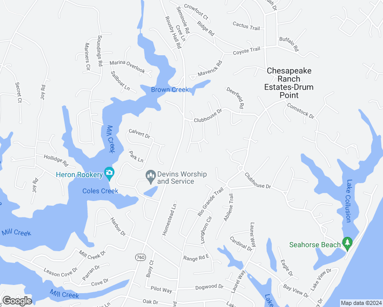 map of restaurants, bars, coffee shops, grocery stores, and more near 12646 High Sierra Road in Lusby